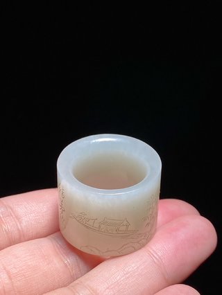 |清中期 和田玉籽料 白玉 渔乐图 诗文扳指 把件