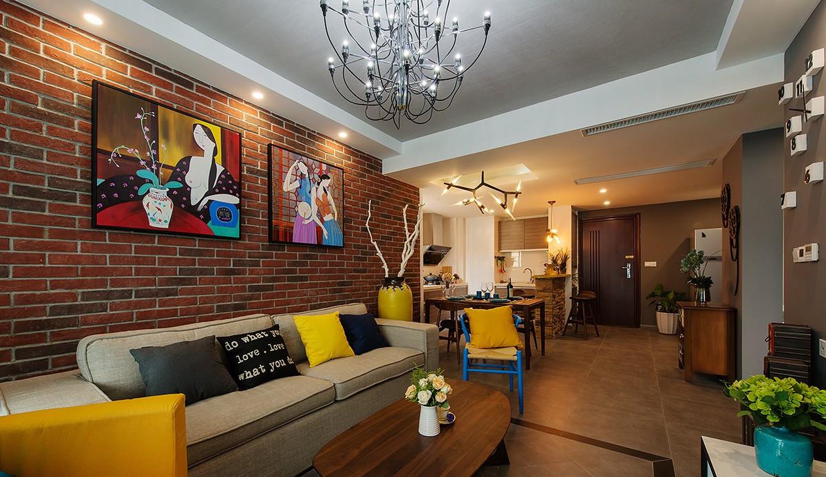 86㎡复古混搭新房完工,沙发背景墙贴文化砖,800块装出高级感!