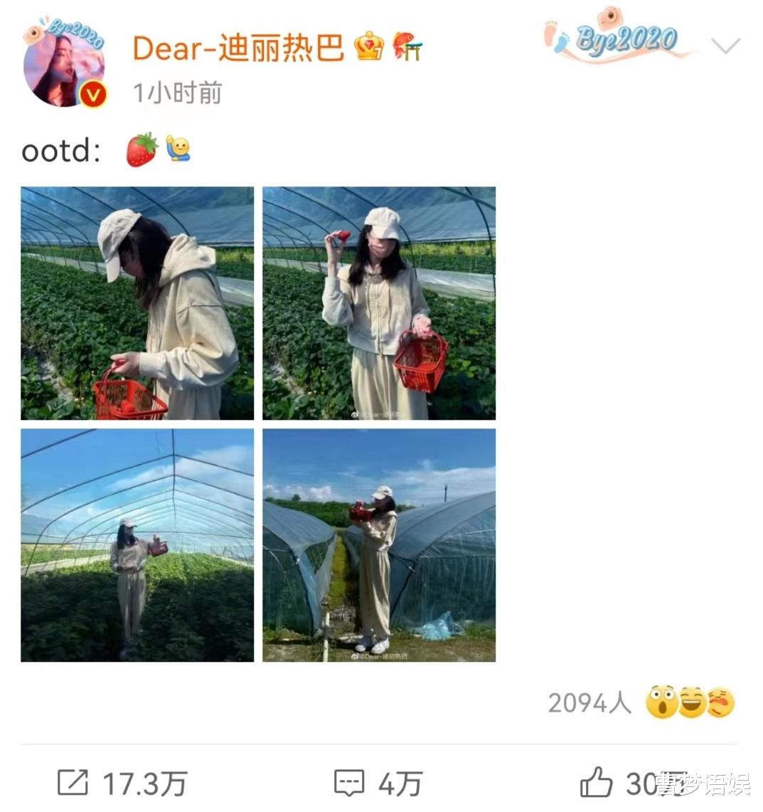 迪丽热巴|迪丽热巴晒摘草莓照片,一身休闲装活力十足,全程不露脸气质难掩