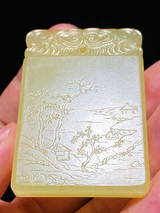 玉籽料|清中期 和田玉 黄玉籽料 溪山高隐图 诗文牌 宏晋款 拨划工