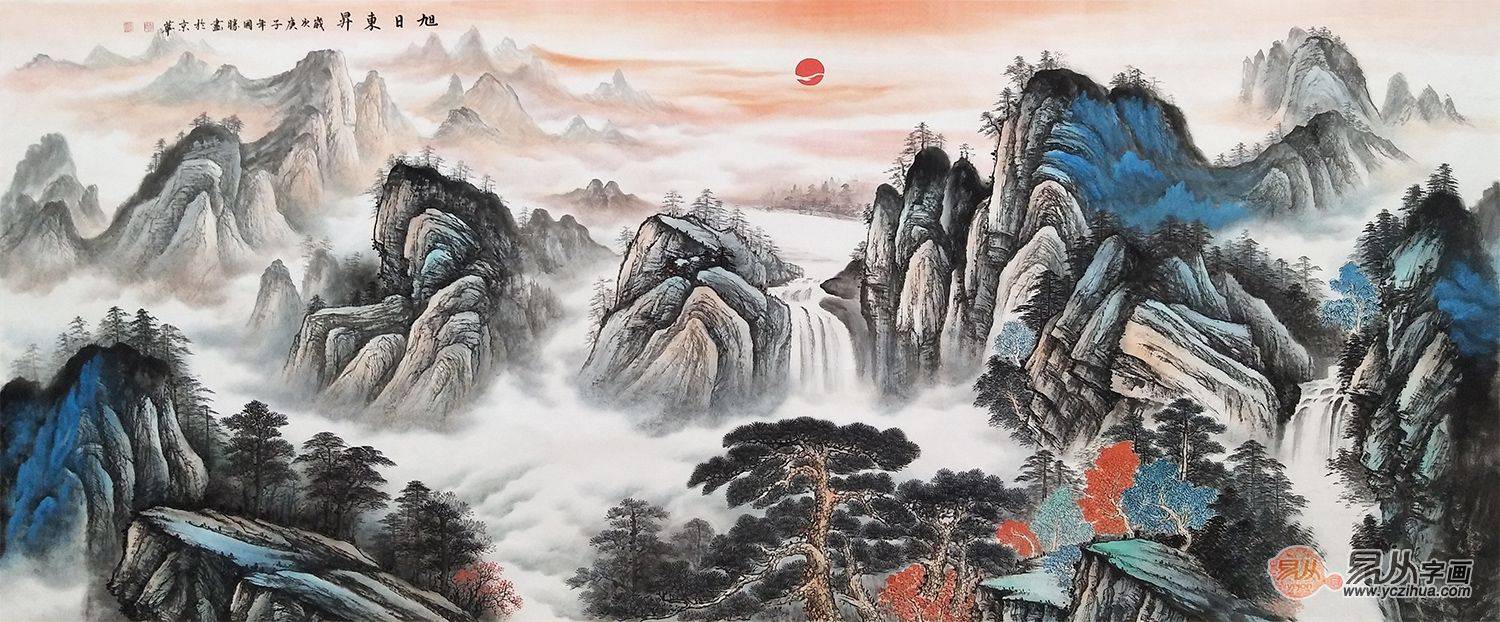 沙发墙后挂画 山水画清新靓丽 适合家中装饰