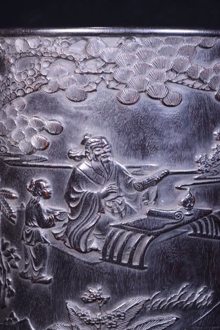 文房|老紫檀木雕“孔子传道”文房笔筒。