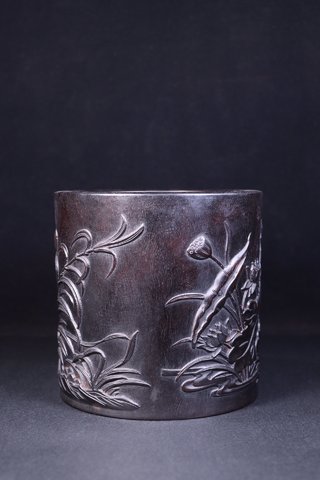 鸳鸯|老紫檀木雕“和合鸳鸯”文房笔筒。