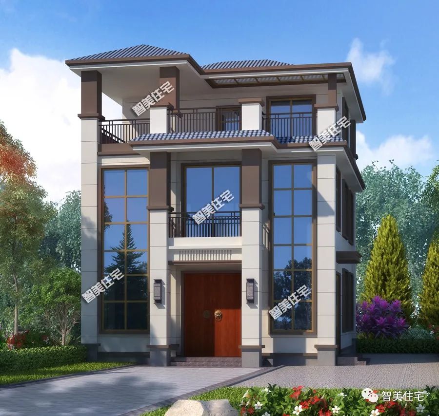 两种不同风格设计的别墅，面宽9米左右，在农村流行程度不分上下