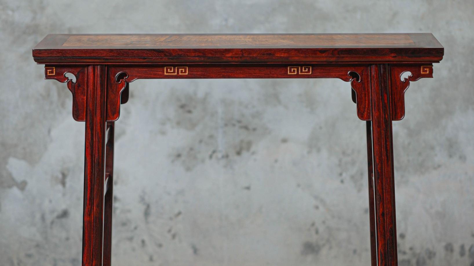 小叶紫檀|姚黄魏紫，小叶紫檀镶黄花梨，平头案