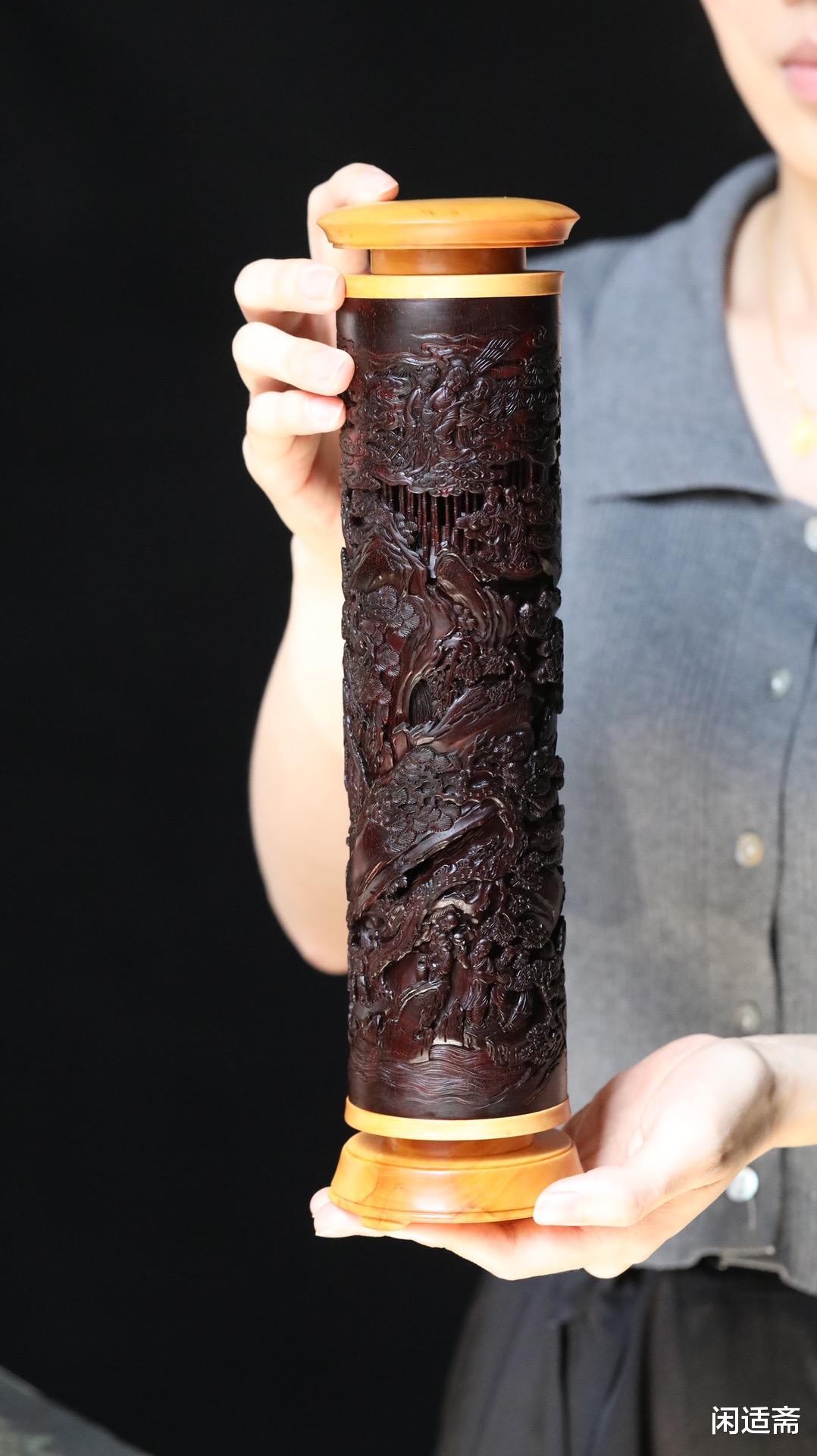 黄杨木|雅室清玩，紫檀镶黄杨木，群仙祝寿图，香筒
