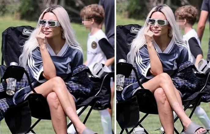 金·卡戴珊|金卡戴珊看儿子踢球，素颜外出没架子！穿短袖拖鞋，秀白皙美腿