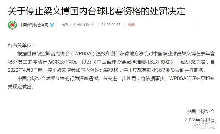 梁文博|紧随世界台联！中国台协出手了，重罚梁文博，取消国内比赛资格