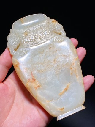 和田玉籽料|清中期 和田玉籽料 白玉沁色 太平有象 宝瓶式砚 玉砚