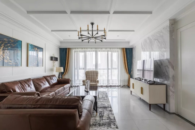 180平美式四居室,电视墙用大理石简约而不简单很高级