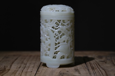 笔筒|舊藏和田“松鹿逐雁图”笔筒.