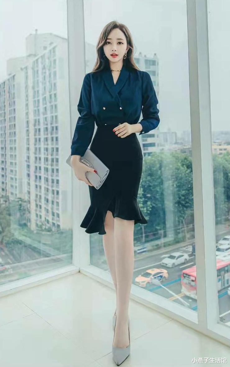 西装|西装领的长袖衬衫搭配鱼尾半身裙，时尚气质彰显御姐范。