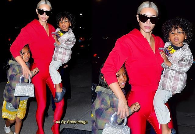 金·卡戴珊|金卡戴珊深夜遛娃!一袭深红连体衣太惊艳,41岁极品辣妈征服男友