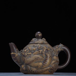 |臻品 手工柴窑 螭龙纹描金 紫砂壶