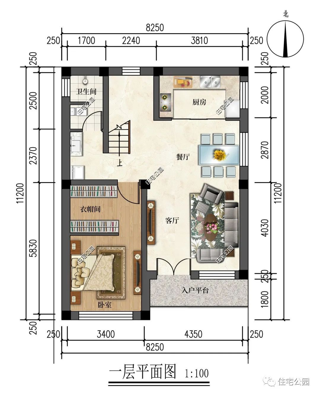 8×11米西墙无窗的现代坡屋顶别墅,占地仅92平