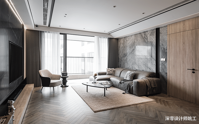 122㎡现代高级黑+灰,大横厅打造开放式布局,原木温馨感十足