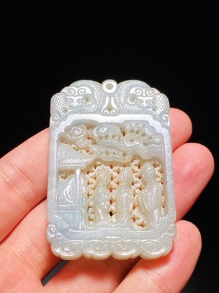 翡翠|清 老坑翡翠 透雕 螭龙纹 松下高士 玉牌 玉珮