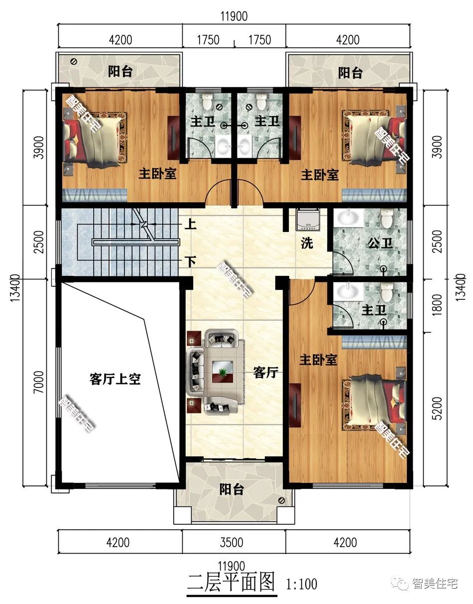 面宽11.9米，这两栋四层别墅各有特色，第一栋造价更低