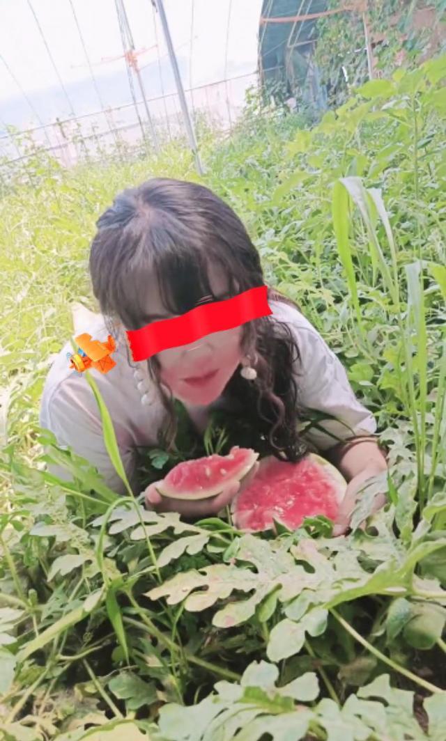 女子悄悄到邻居瓜棚里借瓜,谁想被主人逮个正着,吃得满脸西瓜水