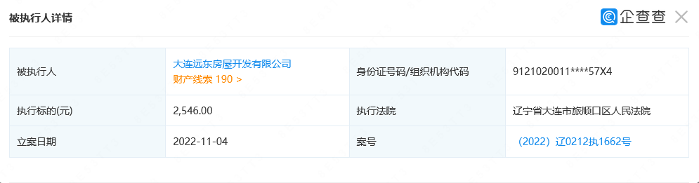 大连远东房屋开发有限公司成被执行人 执行标的为2546元