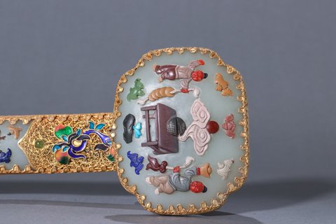 和田玉籽料|清代 和田玉籽料百宝嵌如意摆件