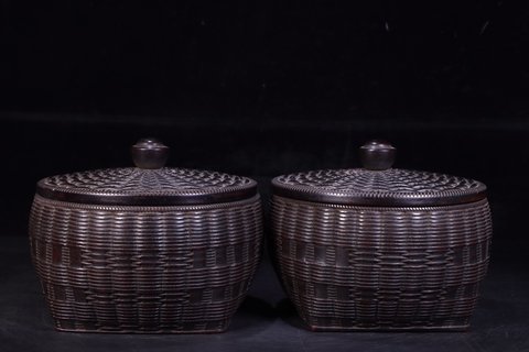 紫檀|回流：老紫檀木雕萝筐形茶叶罐一对。