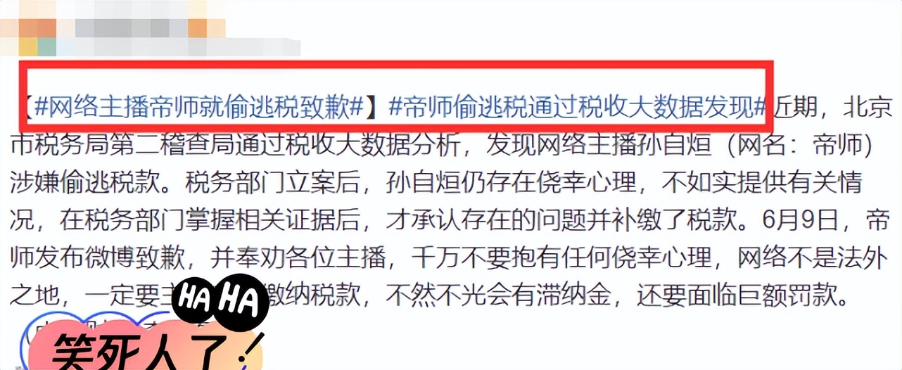 知名网红偷逃税被罚上千万!本尊发长文道歉,1月前就已痛哭退网