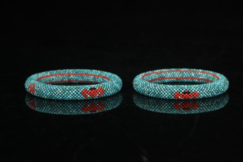 绿松石|清 宫廷风格 老绿松石辑米珠手镯一对