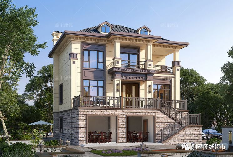 新中式三层别墅,11×13米,架空层车库真亮眼,农村建超气派