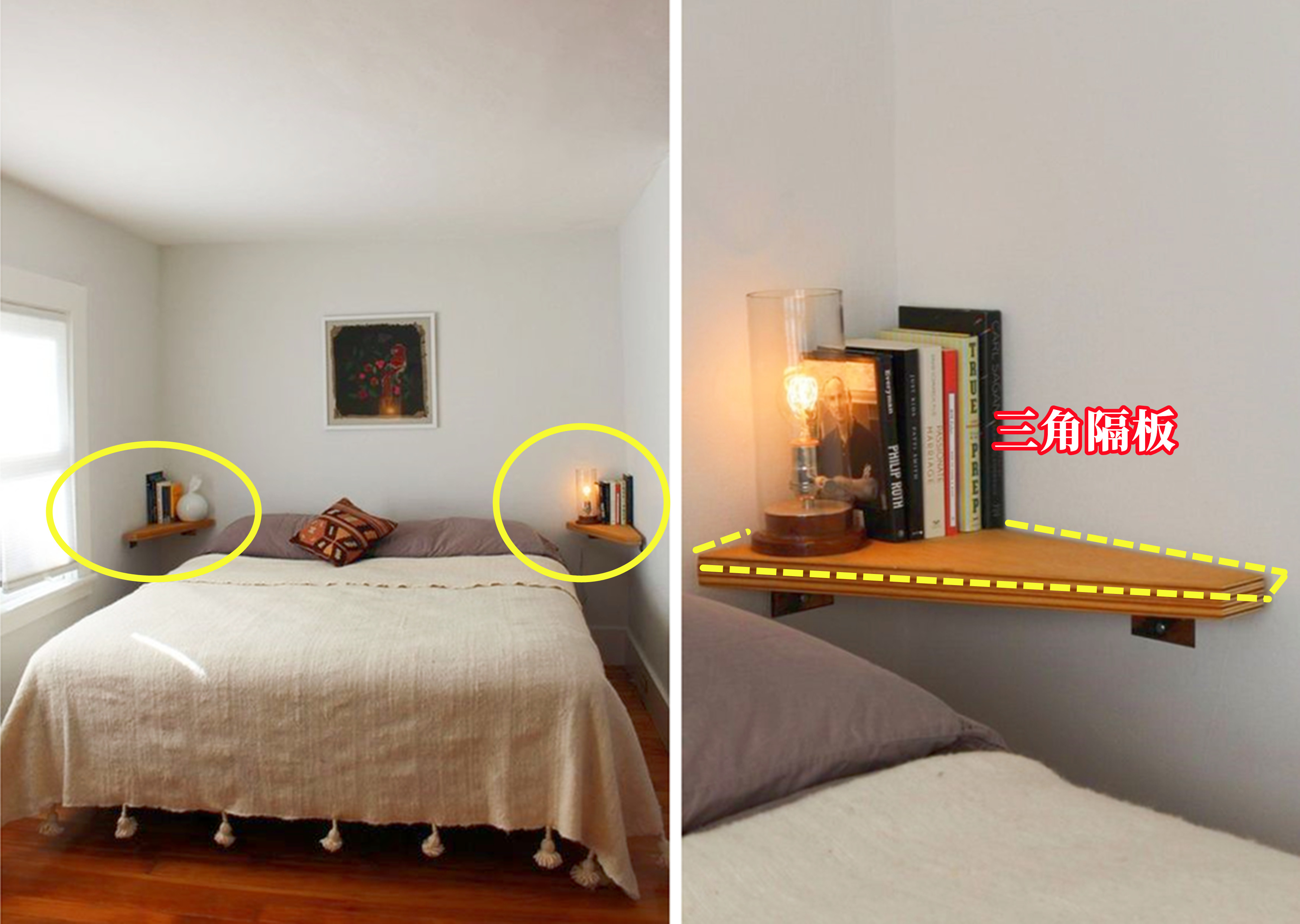 不要床头柜了!换个思路,墙上钉一块隔板,10公分宽解决置物问题