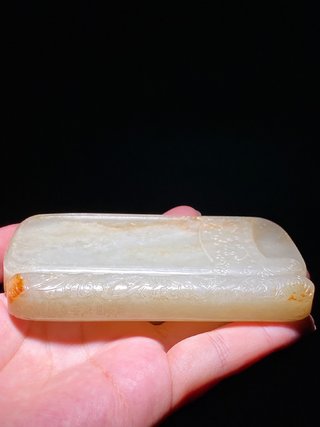 和田玉籽料|清乾隆 和田玉籽料沁色 三蝠祥云书卷 玉砚 砚台 摆件