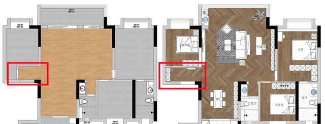 只是将卧室门改个朝向，玄关大了2倍！玄关柜也有处放，不占道了