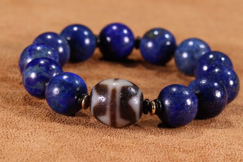 |【藏传精品青金石至纯双虎牙达洛天珠手串】