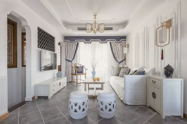 142平混搭风三居室，卧室青花瓷元素挺时尚