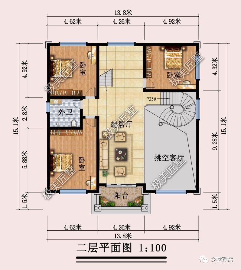 13.8X13.6米,正方形宅基地想建房,教你这样设计实用好房