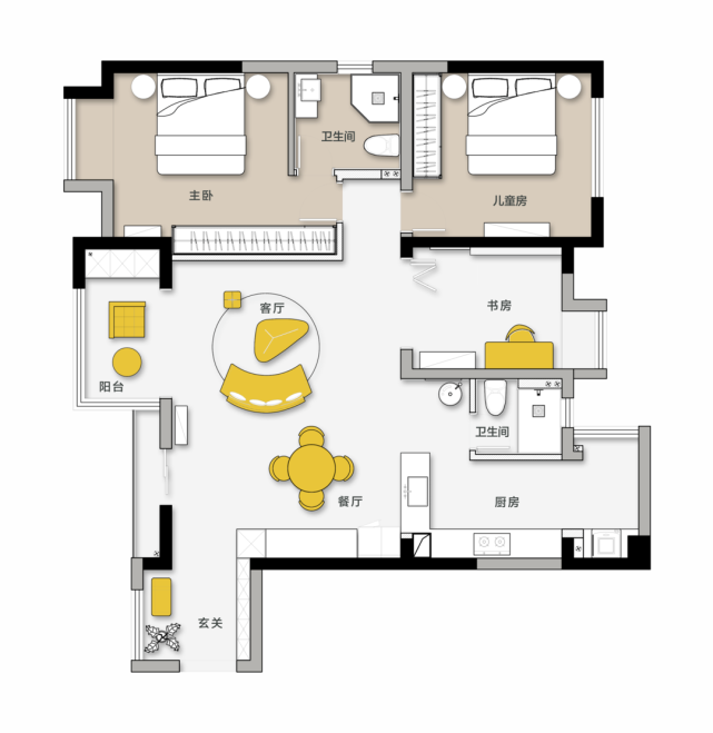 110㎡温柔三居，微水泥与米黄茶粉的碰撞