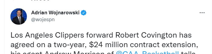 |Woj：考文顿已与快船达成2年价值2400万美元的提前续约合同
