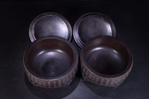 紫檀|回流：老紫檀木雕萝筐形茶叶罐一对。