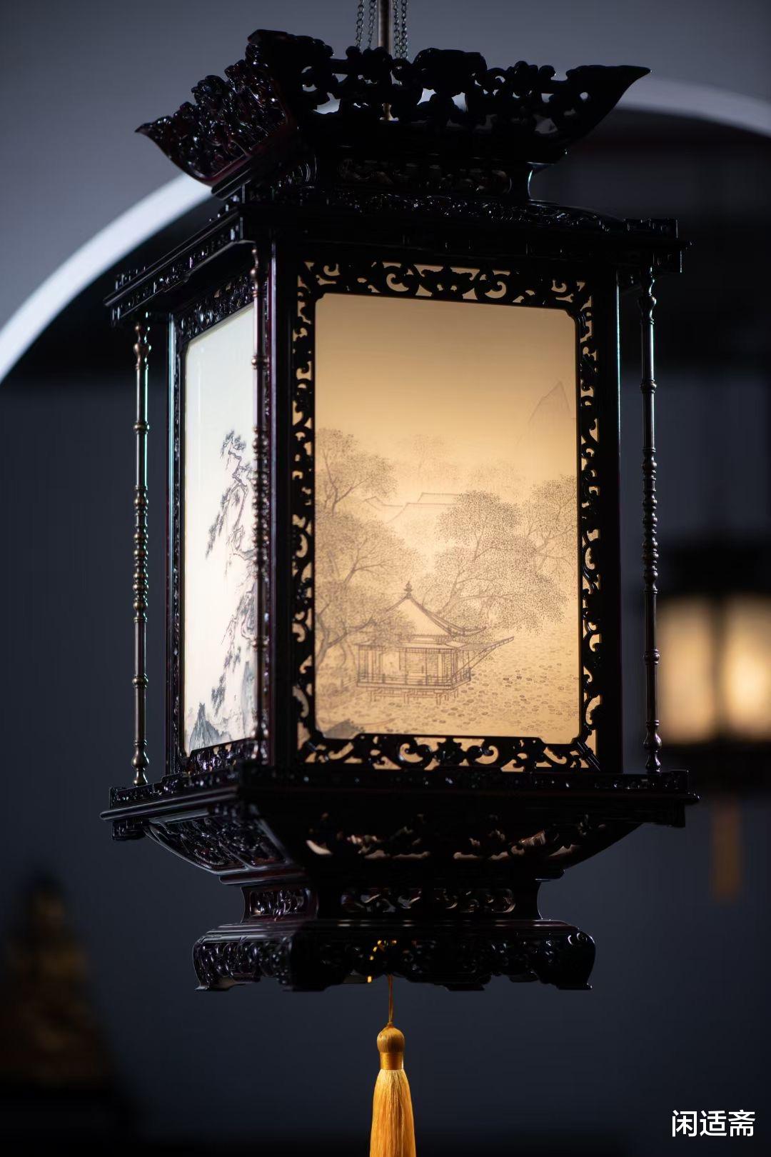 安思远藏款，大红酸枝满雕，中式四方宫廷吊灯