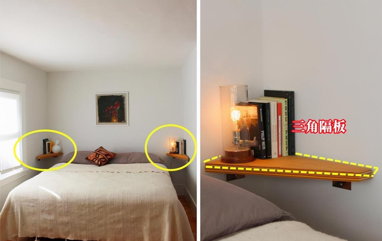 床紧贴墙,连床头柜都放不下!灵机一动挂块隔板,10cm宽用着顺手