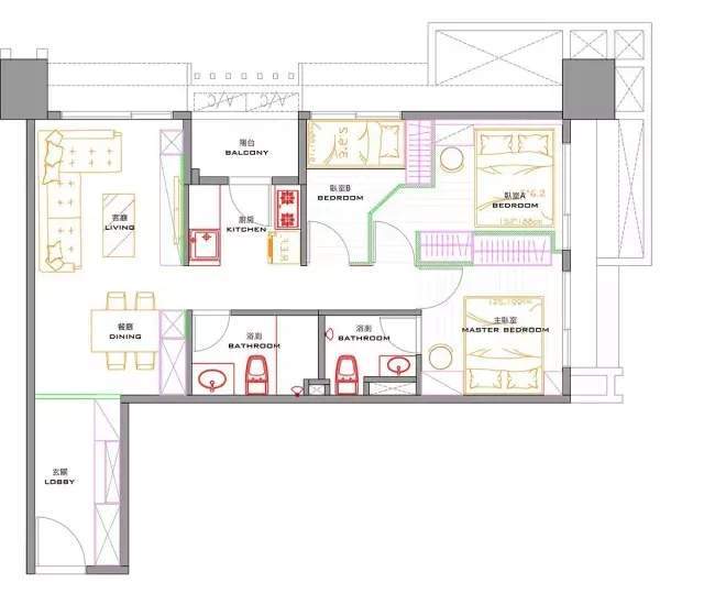 115平现代风三居室矮柜+格栅做隔断,保持了室内光线的延伸