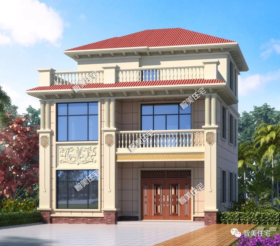 两种不同风格设计的别墅，面宽9米左右，在农村流行程度不分上下