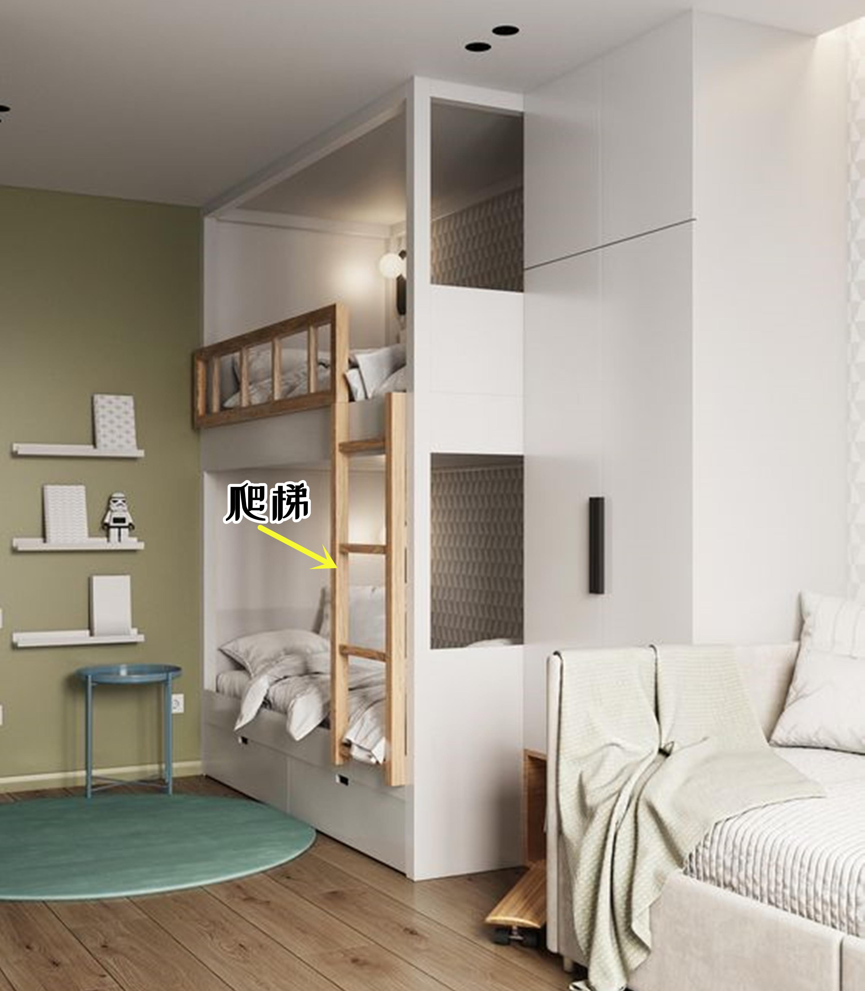 2个孩子住一间,上下铺拼接衣柜,共享设计不多占1㎡,太有想法了