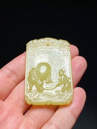 乾隆|清乾隆 和田玉籽料 黄玉 饮马图 诗文牌 文玩牌