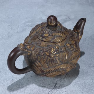 |臻品 手工柴窑 螭龙纹描金 紫砂壶