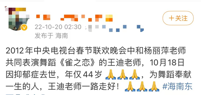 国家一级演员王迪因抑郁症去世，曾登春晚与杨丽萍合作，享年44岁