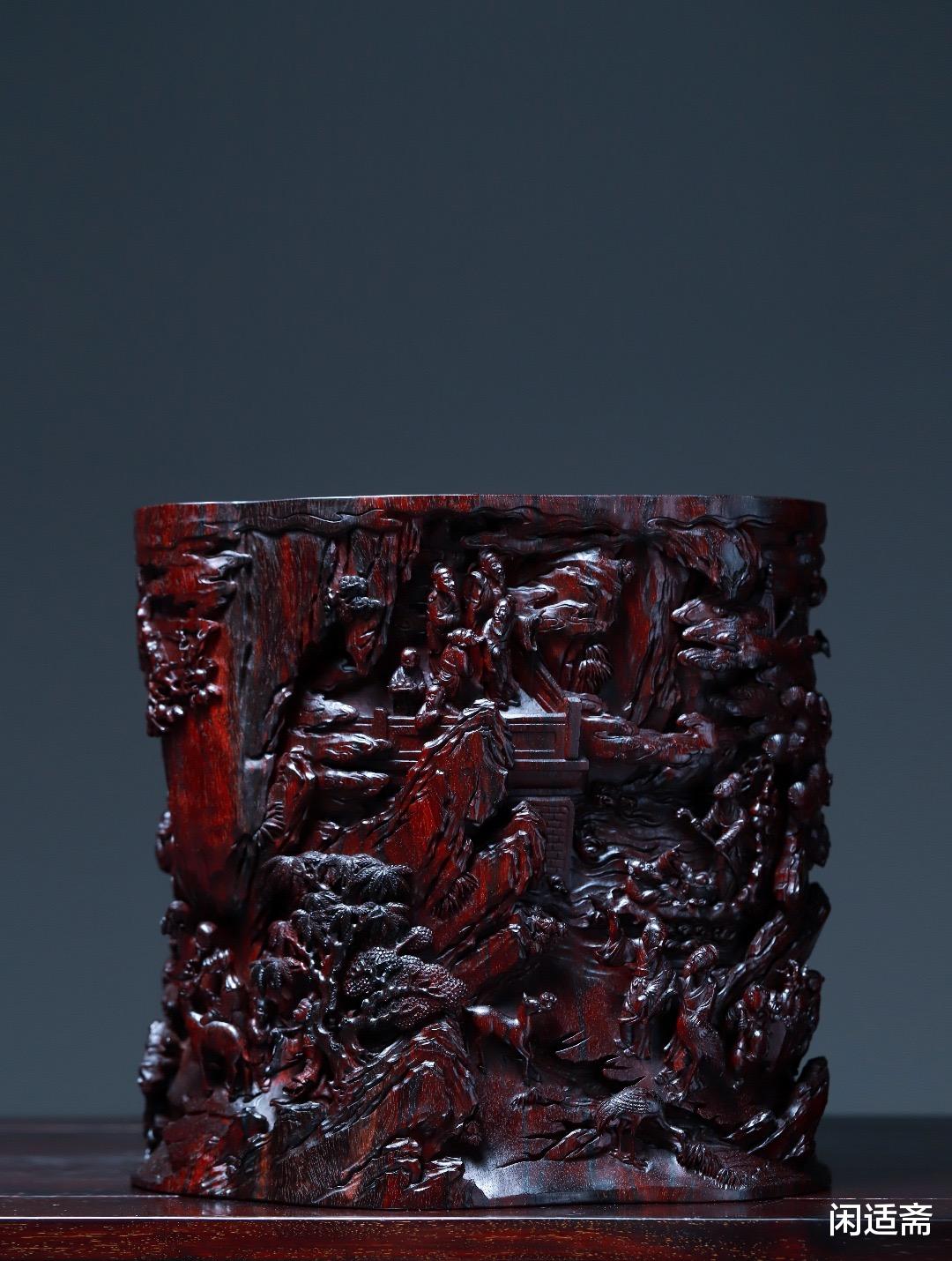 古钱币|文房珍藏重器,小叶紫檀,群仙祝寿笔筒