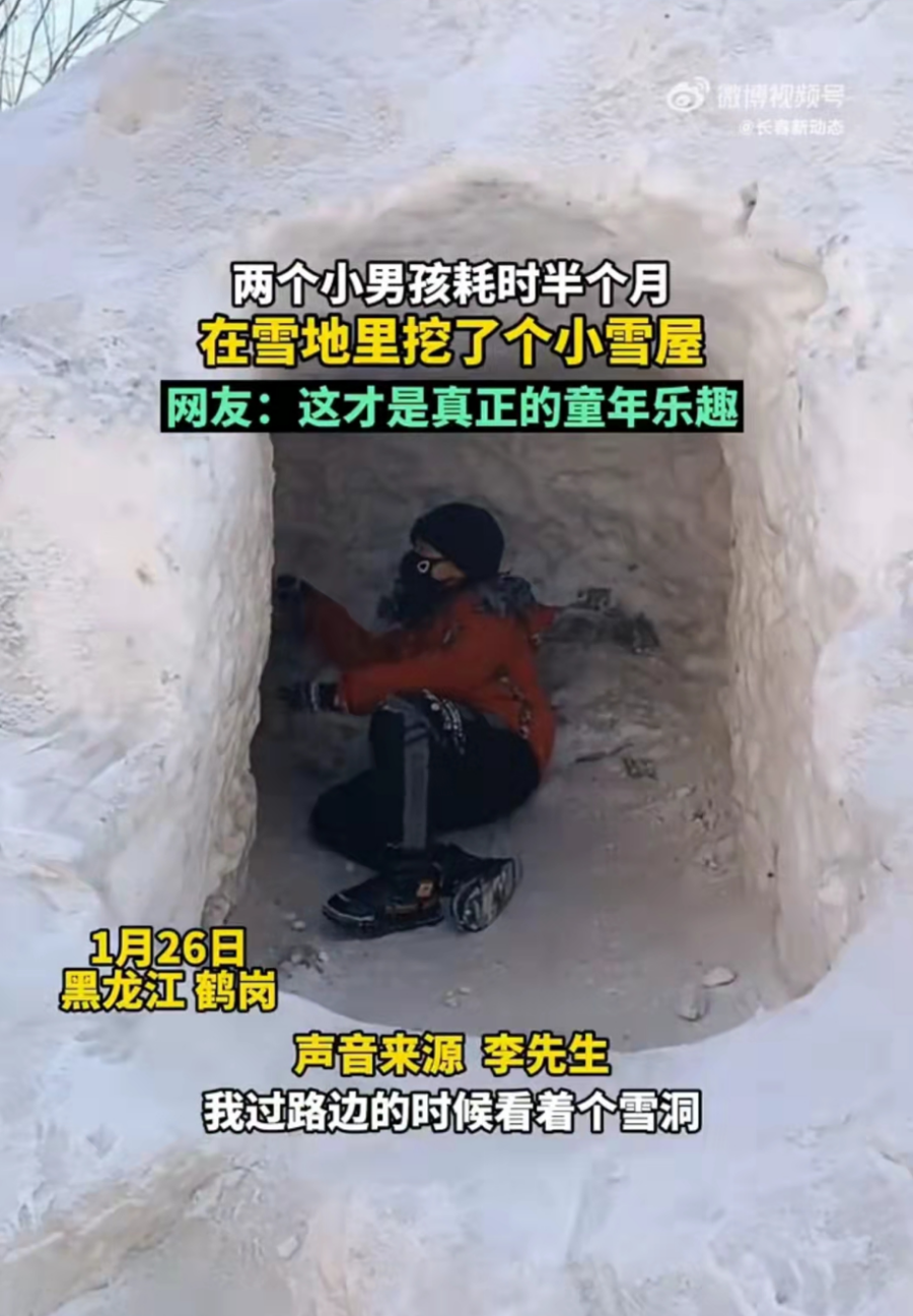 东北孩子用木棍凿出2米长雪洞!网友表示,小时候都干过