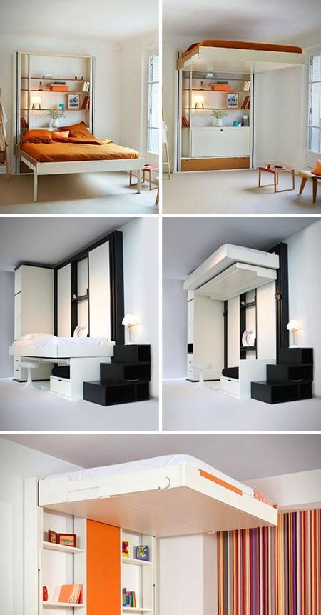 “电梯床”算是小户型救星,轻松从地板上升天花板,藏书房又省地