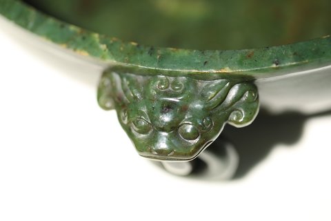 文房|清代碧玉兽面双耳活环大水洗文房玉器